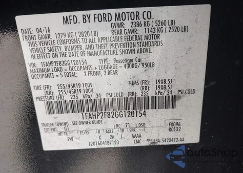 2016 Ford Taurus Limited z USA, uszkodzony, nr VIN 1FAHP2F82GG120154